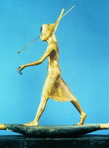 Model of the Pharaoh Tutankhamun on a reed boat spearing fish, Ancient Egyptian, c1325 BC