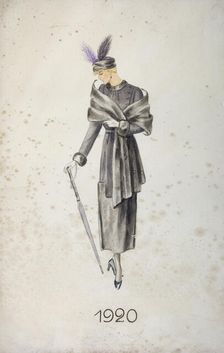Model wearing a coat and a hat with feathers, carrying an umbrella, 1920