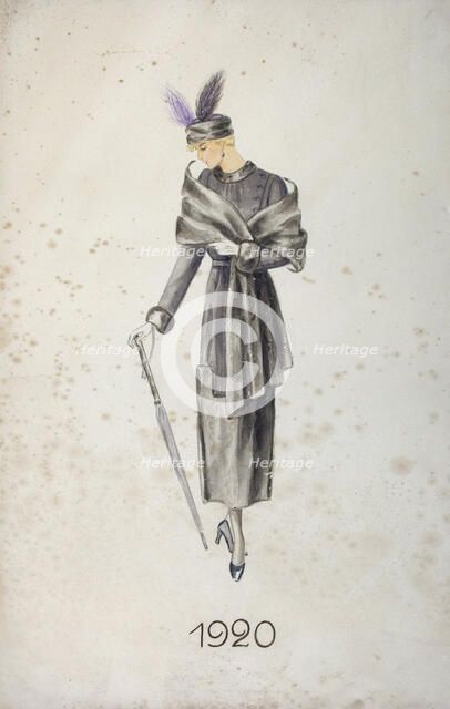 Model wearing a coat and a hat with feathers, carrying an umbrella, 1920. Artist: Unknown