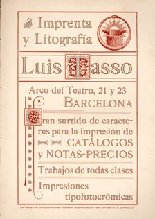 Modernist advertising of the printing house and lithography Luis Tasso. Barcelona, 1900