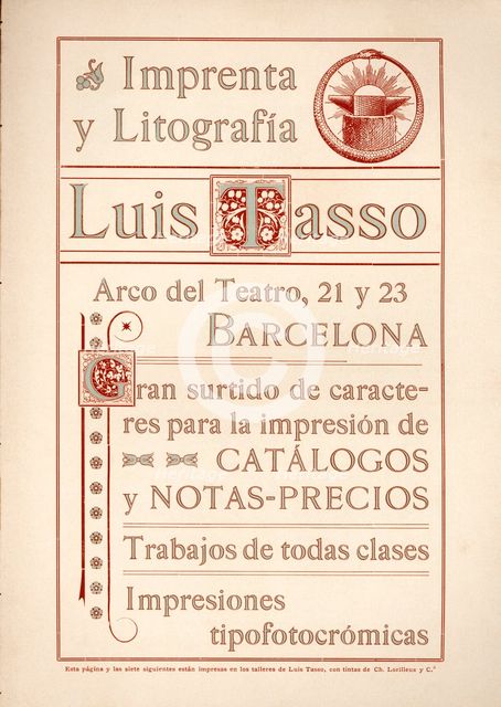 Modernist advertising of the printing house and lithography Luis Tasso. Barcelona, 1900.