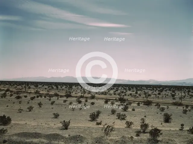 Mojave Desert country, crossed by Santa Fe R.R., Cadiz, Calif., 1943. Creator: Jack Delano.