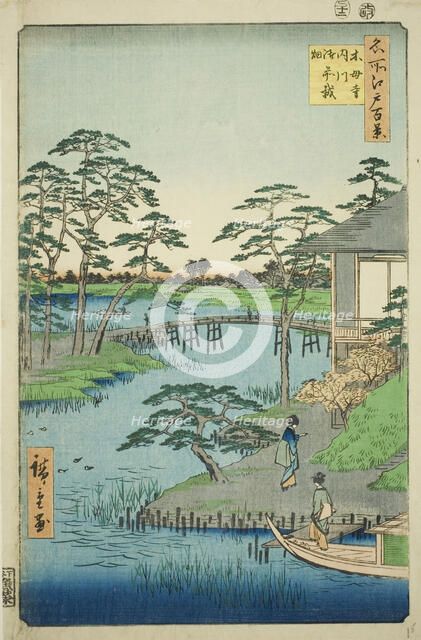 Mokubo Temple, Uchigawa Inlet, and Gozensaihata (Mokuboji Uchigawa Gozensaihata), from the..., 1857. Creator: Ando Hiroshige.