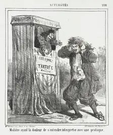 Molière ayant la douleur de s'entendre interpreter avec une pratique, 1864. Creator: Cham