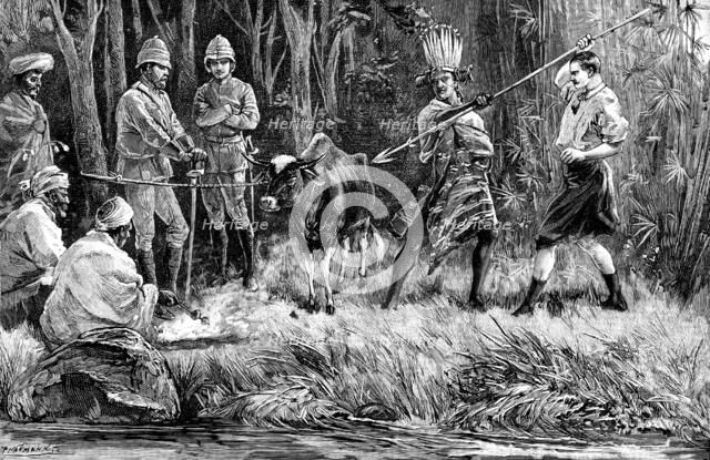 Mompunga, a Lushai chief, and Mr. Murray, Political Agent, taking the Oath of Friendship, 1890. Creator: P Naumann.