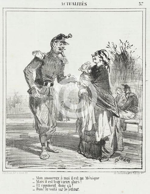 Mon amoureux à moi il est au Méxique. -Mais il est trop vieux alors! -Et comment donc..., 1866. Creator: Cham.