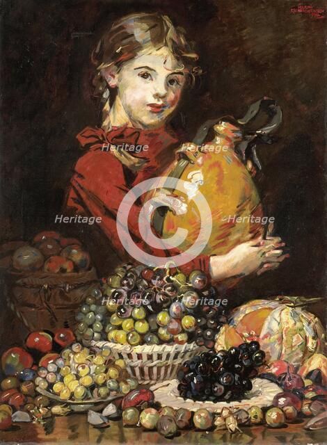 Monarosa, the painter's daughter, as a fruit seller, 1914.  Creator: Martin Monnickendam.
