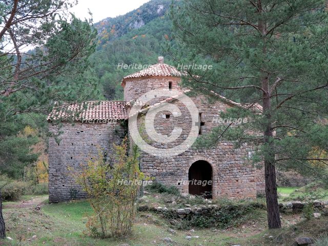 Monastery of Sant Pere de Graudescaldes in the foothills of the Busa mountains on the banks of th…