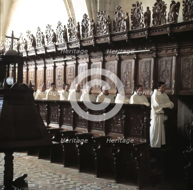 Monastery of Santa María de la Huerta, church, detail of the carved choir in walnut wood.