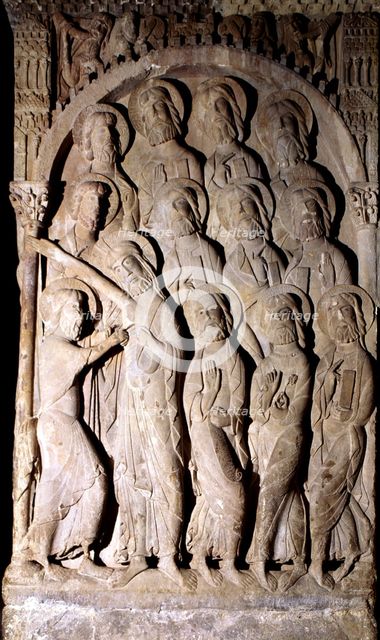 Monastery of Santo Domingo de Silos, cloister, detail of the relief showing the incredulity of Sa…