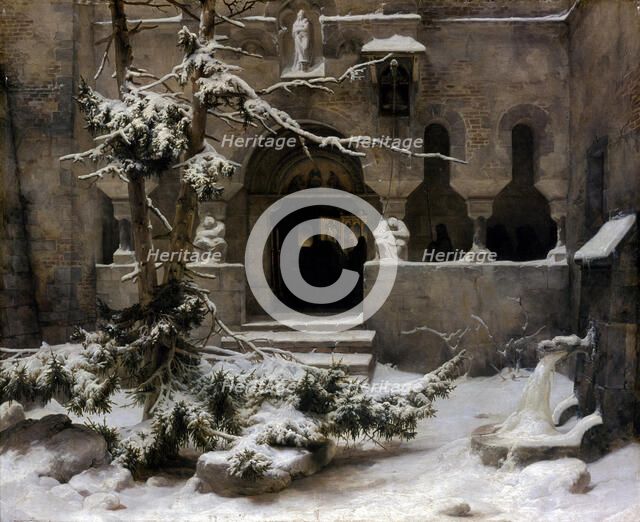 Monastery Garden in Snow. Artist: Lessing, Carl Friedrich (1808-1880)