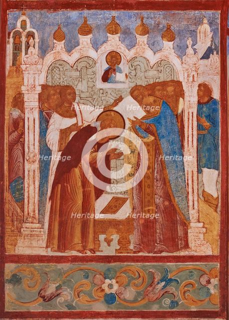 Monastic consecration of Saint Abraham of Rostov. Fresco of the Church of Saint John The Apostle in 