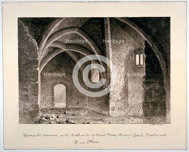 Monastic remains on the north side of St Mary Overy's church, Southwark, London, 1835.               Artist: G Buckler