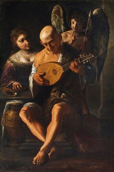 Mondone che suona il liuto con donna e cupido in attesa (Mondone plays the lute while..., 1650. Creator: Paolini, Pietro (1603-1682)
