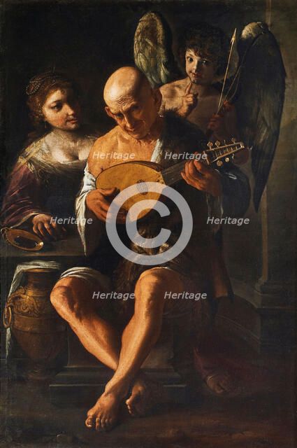 Mondone che suona il liuto con donna e cupido in attesa (Mondone plays the lute while..., 1650. Creator: Paolini, Pietro (1603-1682).