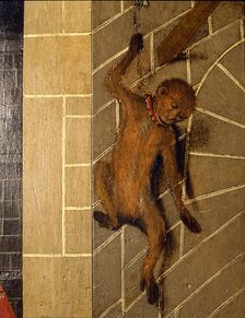 Monkey on a wall detail of the Transfiguration altarpiece, 1445-1452. Tempera on wood by Bern…