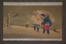 Monkey Showman and Porter(?) in the Snow, 19th century. Creator: Hokuga