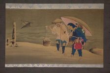 Monkey Showman and Porter(?) in the Snow, 19th century. Creator: Hokuga