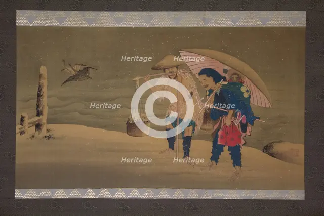 Monkey Showman and Porter(?) in the Snow, 19th century. Creator: Hokuga.