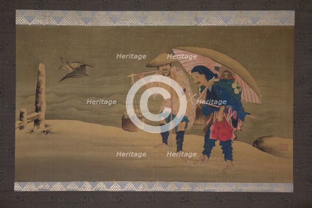 Monkey Showman and Porter(?) in the Snow, 19th century. Creator: Hokuga.