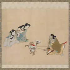 Monkey trainer and monkey performing a dance, Edo period, late 17th century. Creator: Unknown