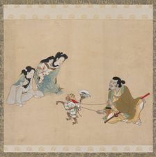 Monkey trainer and monkey performing a dance, Edo period, late 17th century. Creator: Unknown
