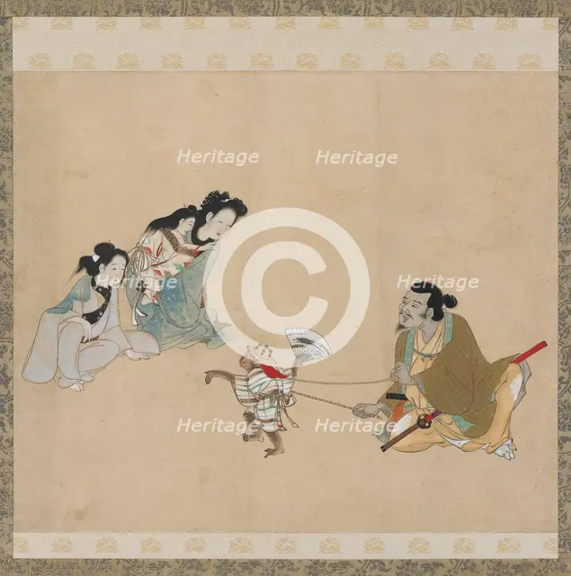 Monkey trainer and monkey performing a dance, Edo period, late 17th century. Creator: Unknown.