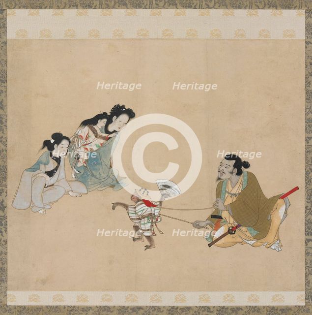 Monkey trainer and monkey performing a dance, Edo period, late 17th century. Creator: Unknown.