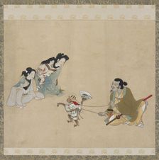 Monkey trainer and monkey performing a dance, Edo period, late 17th century. Creator: Unknown