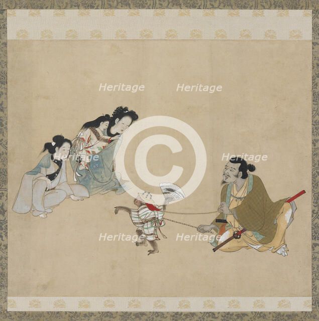 Monkey trainer and monkey performing a dance, Edo period, late 17th century. Creator: Unknown.