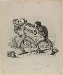 Monkeys Boxing, from Monkey-ana, April 1828. Creator: Thomas Landseer