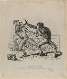 Monkeys Boxing, from Monkey-ana, April 1828. Creator: Thomas Landseer