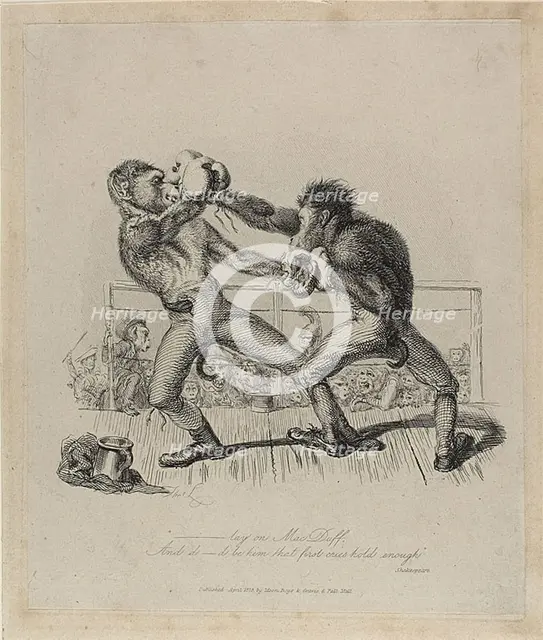 Monkeys Boxing, from Monkey-ana, April 1828. Creator: Thomas Landseer.