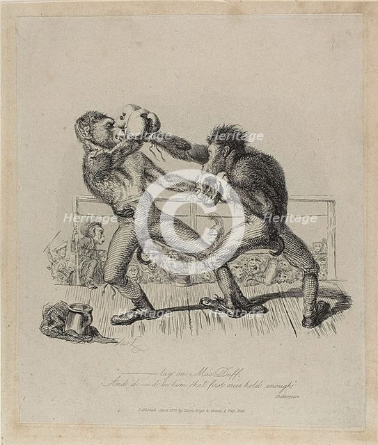 Monkeys Boxing, from Monkey-ana, April 1828. Creator: Thomas Landseer.