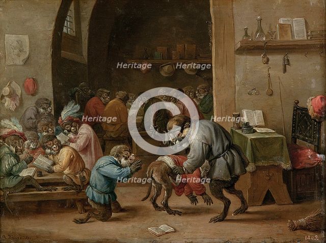 Monkeys in the school, c1660. Creator: David Teniers II.