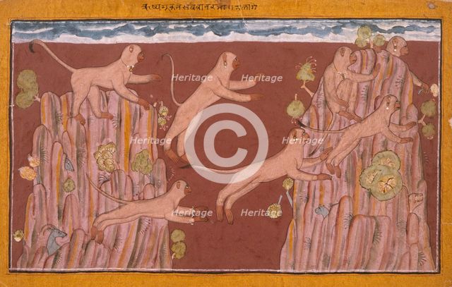 Monkeys Jump from Crag to Crag, Folio from the 'Shangri' Ramayana..., between c1700 and c1710. Creator: Unknown.