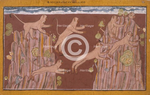 Monkeys Jump from Crag to Crag, Folio from the 'Shangri' Ramayana..., between c1700 and c1710. Creator: Unknown.