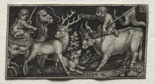 Monkeys Riding a Camel and a Bull, 1594. Creator: Nicolaes de Bruyn (Netherlandish, 1571-1656); A. van Londerseel