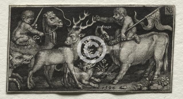 Monkeys Riding a Camel and a Bull, 1594. Creator: Nicolaes de Bruyn (Netherlandish, 1571-1656); A. van Londerseel.