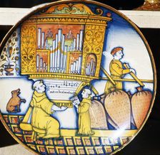 Monks and Organ with Sheet Music, Earthenware Italian Dish, c1515