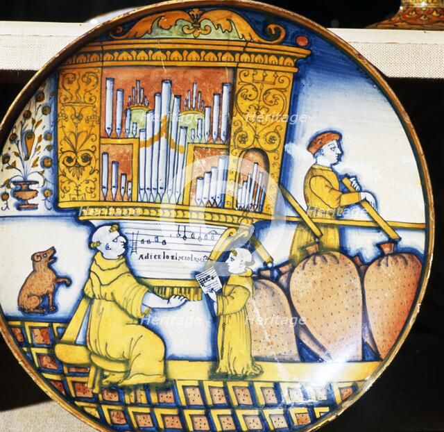 Monks and Organ with Sheet Music, Earthenware Italian Dish, c1515.  Artist: Unknown.
