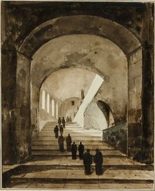 Monks on the Staircase of the Villa of Maecenas at Tivoli, c. 1826. Creator: Francois-Marius Granet