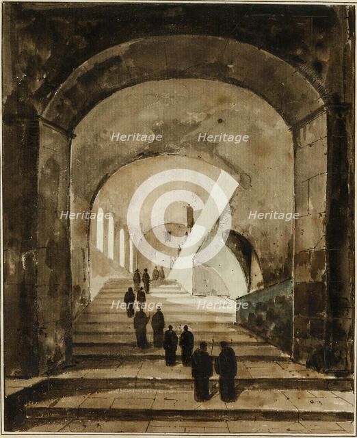 Monks on the Staircase of the Villa of Maecenas at Tivoli, c. 1826. Creator: Francois-Marius Granet.