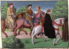 Monk and Bishop of the Carolingian period, miniature in the incunable Ogier le Danois printed …
