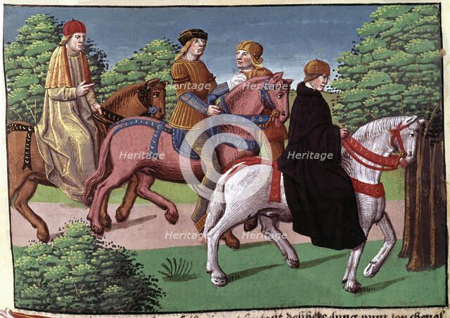 Monk and Bishop of the Carolingian period, miniature in the incunable 'Ogier le Danois', printed …