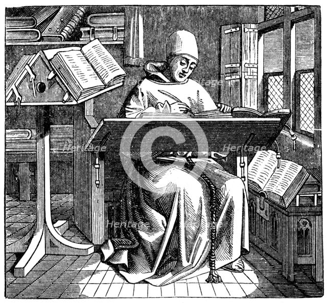 Monk at work on a manuscript in the corner of a scriptorium, 15th century. Artist: Unknown