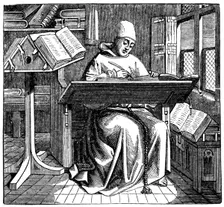 Monk at work on a manuscript in the corner of a scriptorium, 15th century