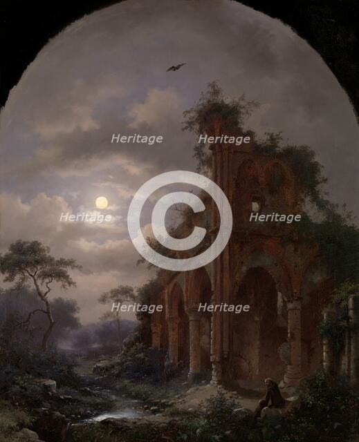 Monk Meditating near a Ruin by Moonlight, 1862. Creator: Frederik Marinus Kruseman.