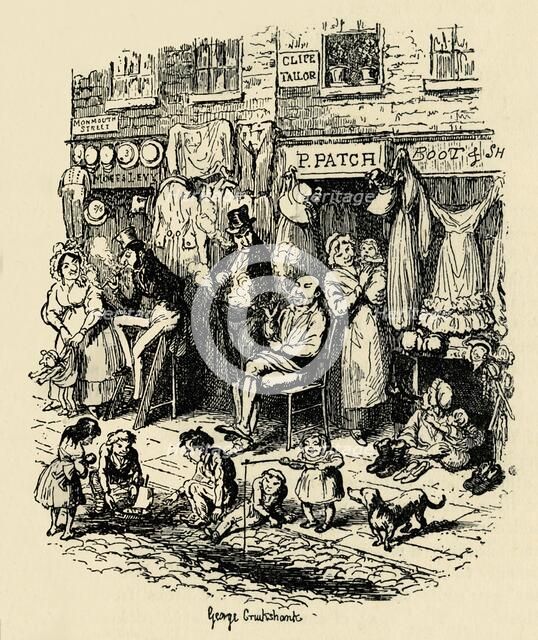 'Monmouth Street, Soho, an illustration by G. Cruikshank for Dickens' Sketches by Boz. ', (1938). Artist: George Cruikshank.