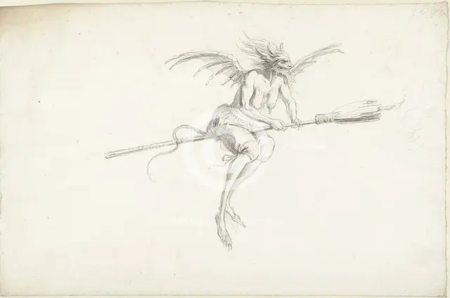Monstrous witch on a broom, Mid of 17th cen..